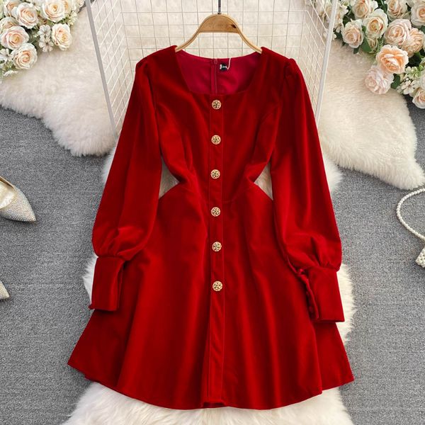 

casual dresses vestidos de mujer elegant square collar solid color puff long sleeve robe femme single-breasted velvet slim dresses 2023, Black;gray
