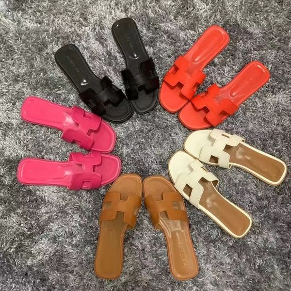 

net red h slippers female summer flat fashion outside leather h sandals of the beach tourism word slipper, Black