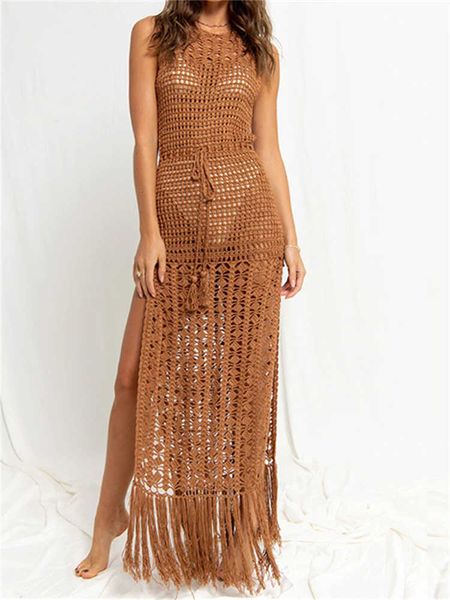 

women's swimwear women hollow out knitted bikini cover ups sleeveless see through tassel long dress summer bohemian y2k beach dresses y, White;black