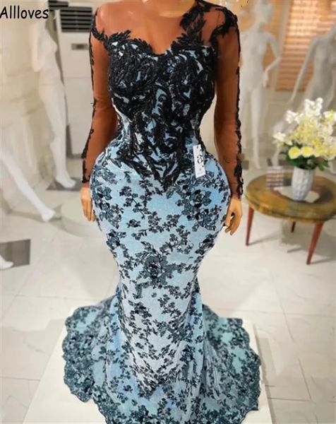 

plus size maternity prom dresses with long sleeves black lace appliqued women evening party gowns arabic aso ebi sheer neck mermaid formal o