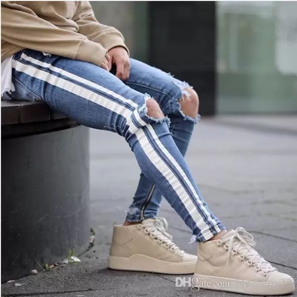 

fashion mens slim pencil jeans white striped skinny ripped denim pants with pockets washed street style pants vrs, Blue