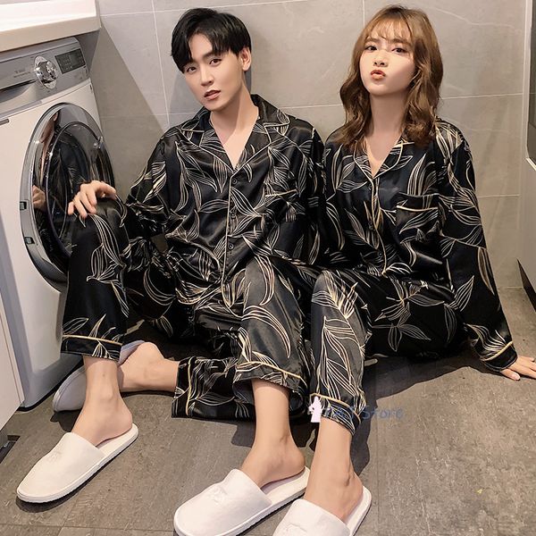 

men's sleepwear couple sleepwear big size pajamas men pajamas 4xl 5xl satin long sleeve set black men trousers lovers pyjamas for autum, Black;brown