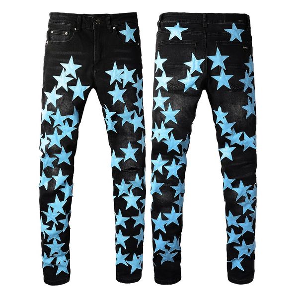 

mens jeans distressed motorcycle biker jean snake embroidery rock skinny slim ripped hole stripe fashionable denim pants yhbb, Blue