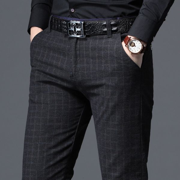 

men's pants men's casual plaid pants business casual slim fit black blue classic style elastic trousers male brand clothes 230311