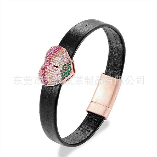 

bracelets 2019 new love letter pure copper precious zircon wide stainless steel flat buckle genuine cow leather women's bracelet, Black
