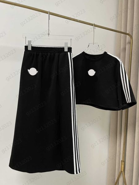 

womens two piece dress contrasting color striped casual tracksuits crew-neck short-sleeved t-shirt hemline slit high waist slim skirt sets f, White