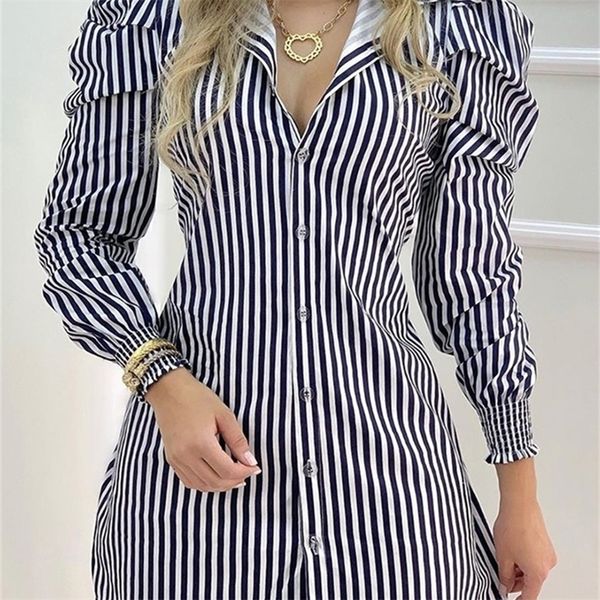 

casual dresses striped button design puffed sleeve shirt dres work dress 230310, Black;gray