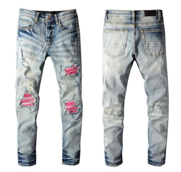 

22ss designer mens jeans ripped red patch vintage style hole fashion holes jean slim motorcycle biker causal men hip hop pants siz5968490, Blue