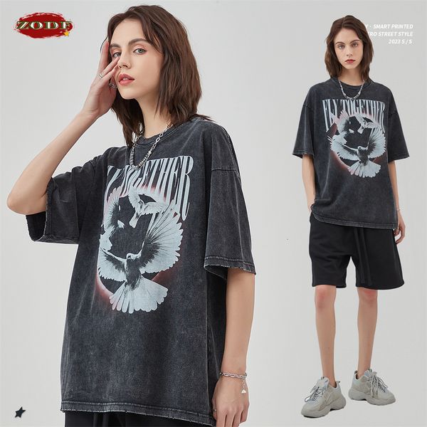 

men s t shirts zodf 2023 summer men washed cotton t shirts high street printing distressed tees brand hy0472 230311, White;black