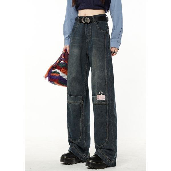 

women's jeans blue women jeans splicing american fashion vintage high waist streetwear style wide leg jean trouser female baggy denim p