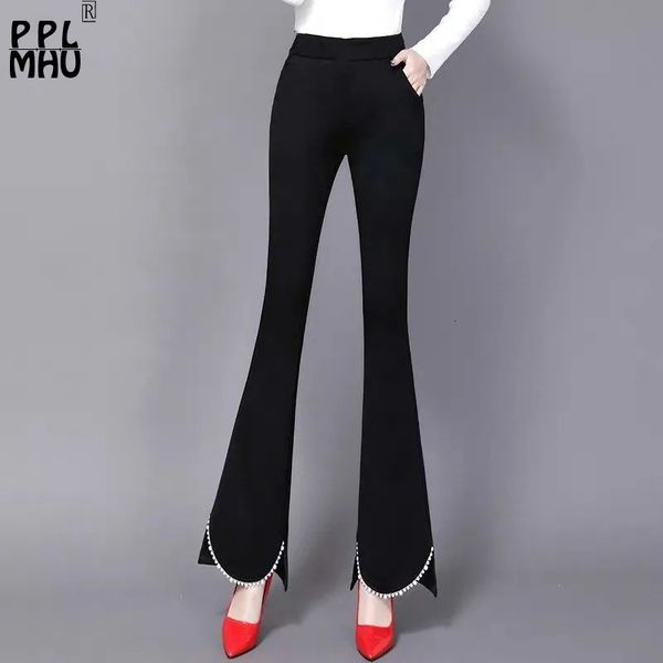 

women s pants s elegant elastic high waist flare chic beaded office lady black trousers slim bell bottom pant soft 230311, Black;white