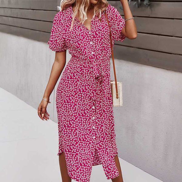 

casual dresses 2022 women's dress floral summer casual short sleeve button holiday midi dress women v neck beach boho chic dress elegan, Black;gray
