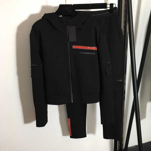 

23ss brand designer women sports set red label letter rubber leather long sleeve hooded zipper coat tooling pocket slim pants women clothes, Gray