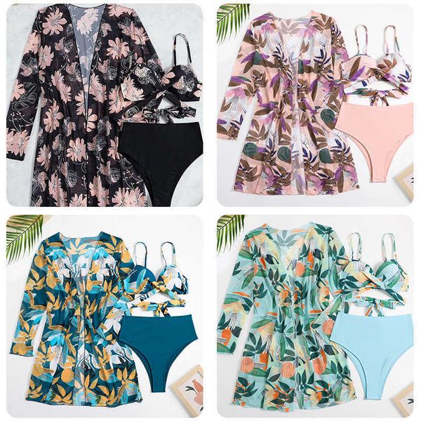 

monokinis designer luxury 2023 3-piece screen print beach split swimsuit women bikini blouse, Black