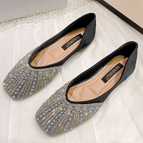 

dress shoes women soft sole flat square toe shallow slip on shoes new fashion summer casual pearl rhinestones dress ladies footwear ks498 j2, Black