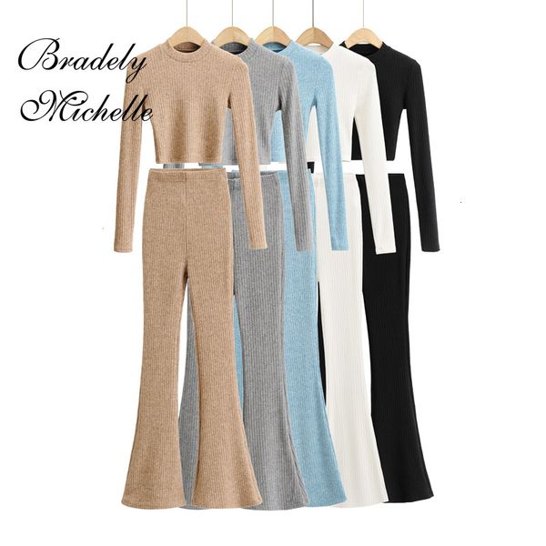 

women s two piece pants clothes spring autumn slim fit turtleneck knit mopping set 230311, White