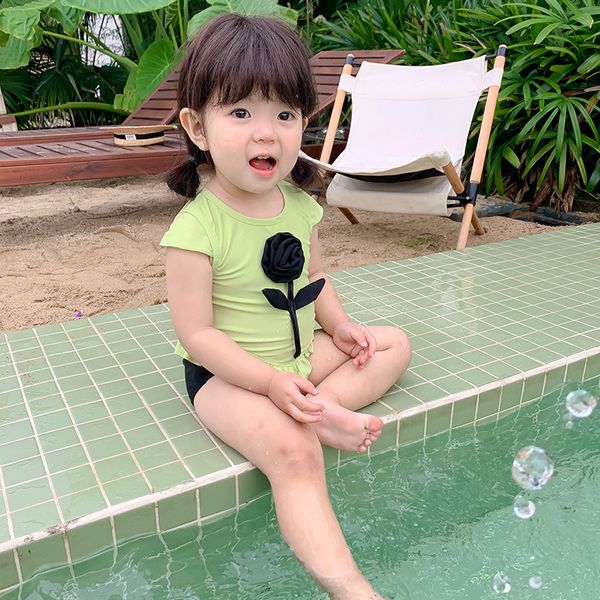 

ins baby girls 3d stereo bouquet one-piece swimsuits summer children lace falbala swimming kids spa beach swimwear s2166, Black