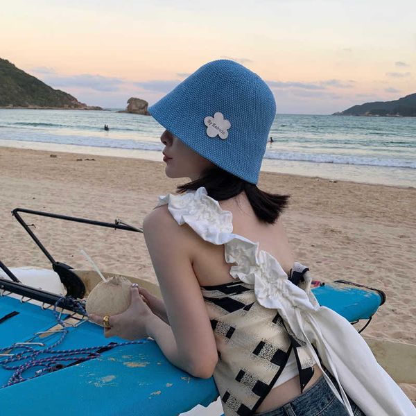 

hbp thin hats summer wide brim breathable sunscreen hat korean linen large bucket flower fisherman caps gorro piel p230311, Blue;gray