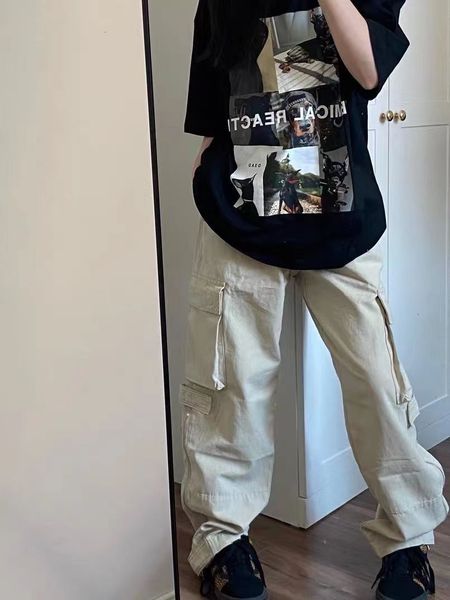 

women s pants s ins american high street retro fashion brand white overall s multi pocket design loose straight casual pants 230311, Black;white