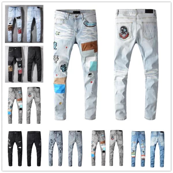 

2023 mens skinny straight slim ripped amiri jeans men fashion street wear motorcycle biker jean pants jeans size 28-40 tvb, Blue