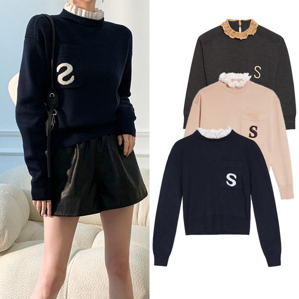 

women's jackets autumn winter new french patchwork ruffle neck knitted pullover women fashion s letter embroidery sweater ladies casual, Black;brown