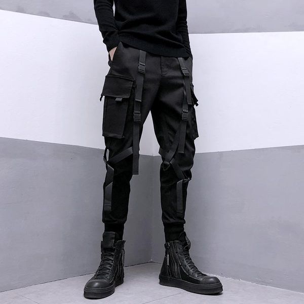 

men's pants houzhou techwear black cargo pants for men cargo trousers male japanese streetwear hip hop spring ribbon pocket harajuku fa
