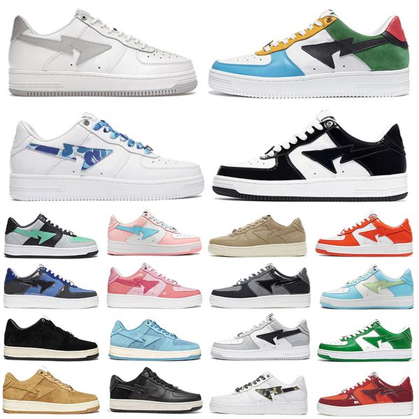 

bapestas sk8 sta mens running shoes jjjjound pastel pink patent leather camo combo green black white suede tokyo suede heel beige men women
