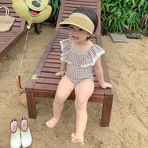 

2023 baby girls houndstooth falbala one-piece swimsuits summer children lace swimming designer kids spa beach swimwear s2165, Black