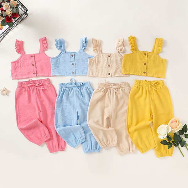

toddler kids baby girls clothing set solid color crop long pant girl ruffle sleeveless pants 2pcs outfits clothes 1-6y, White