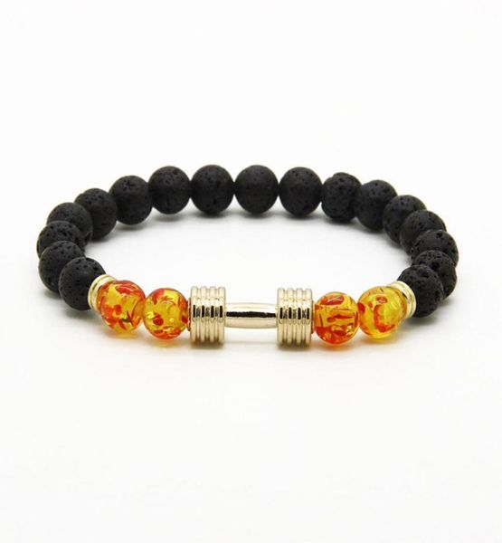 

men039s bracelets whole new designs metal new barbell 8mm amber beads lava rock stone fitness fashion dumbbell bracelets1283736, Golden;silver
