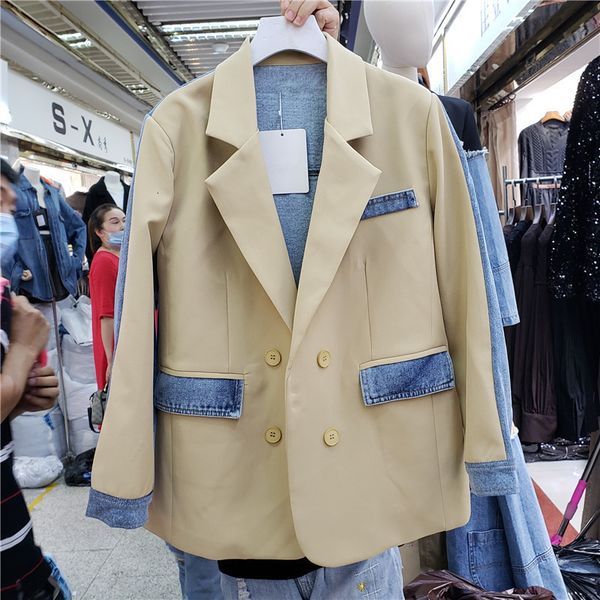 

women's suits blazers spring autumn black denim patchwork blazer jacket women double breasted long sleeve outerwear female jeans splici, White;black