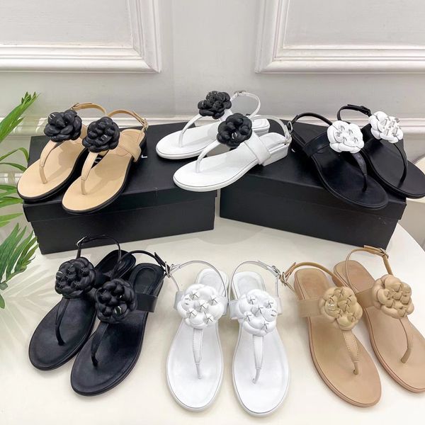 

2023 flat slide camellia flip-flops slipper for womens summer genuine leather black white khaki flat toes sandals ladys luxury design design