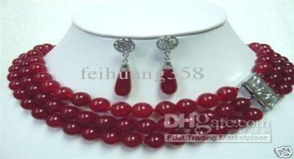 

natural 3row surrounded blood red jade necklace earring0121098825, Silver