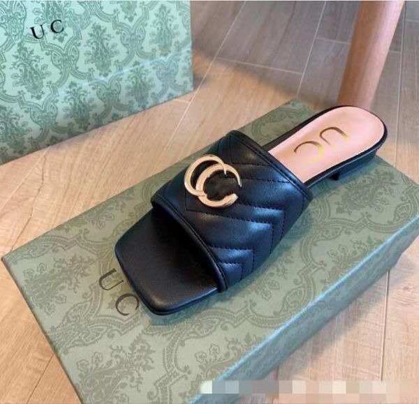

designer summer beach slippers fashion loafers lazy low heeled flops leather letters lady cartoon slides women shoes metal ladies sandals la, Black