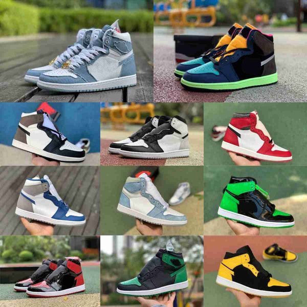 

jumpman 1 1s high sports basketball shoes men women pine green true blue chicago lost found denim gorge pollen rebellionaire stage haze, Black
