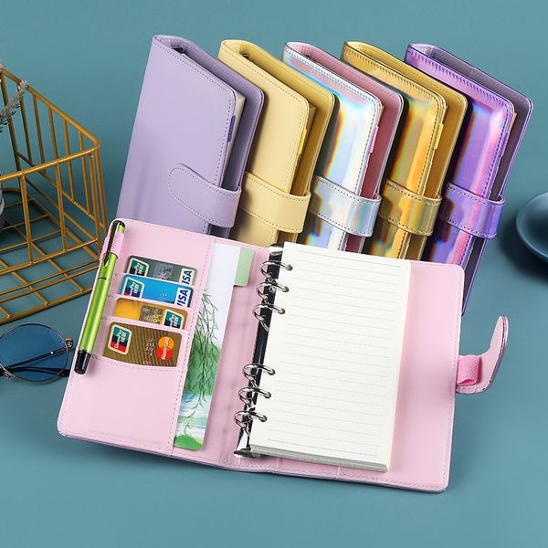 

a6 pu artificial leather notebook binder loose leaf binder refillable 6 ring binder cover with magnetic buckle closure for a6 filler paper, Purple;pink