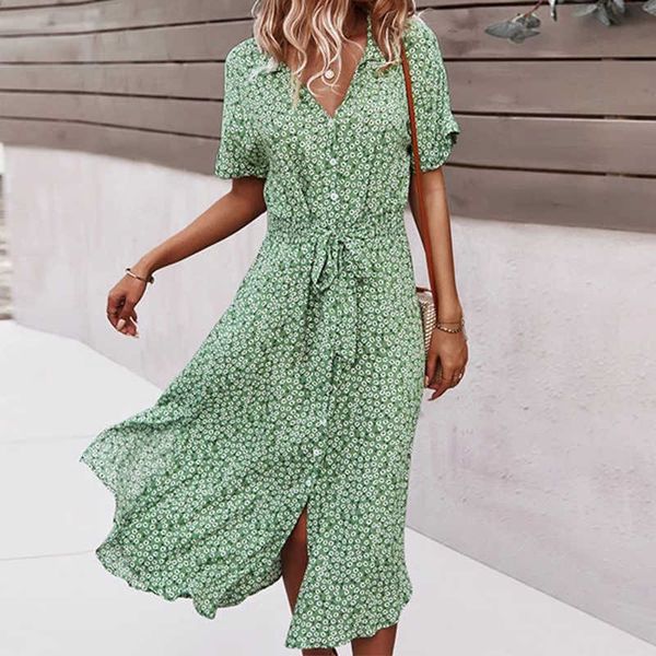 

casual dresses floral dress ladies casual printed v-neck mid-length dress ladies short sleeve button loose lace-up dress holiday beach vesti, Black;gray