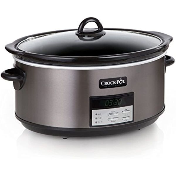 

crockpot 8 quart slow cooker with auto warm setting and cookbook, black stainless steel skillets