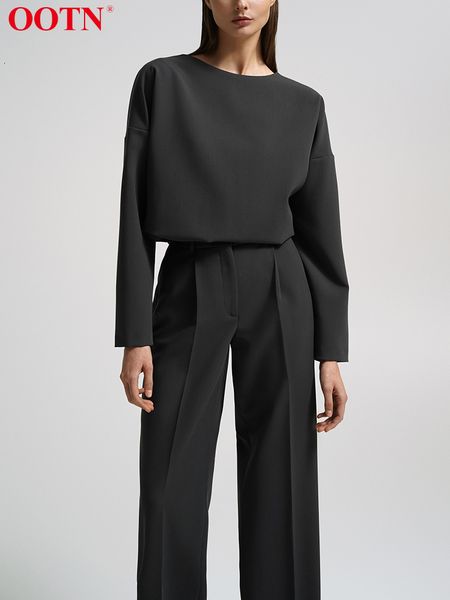 

women's two piece pants ootn black office lady high waist sets autumn casual trousers and o neck set women 2023 fashion solid suits 230, White