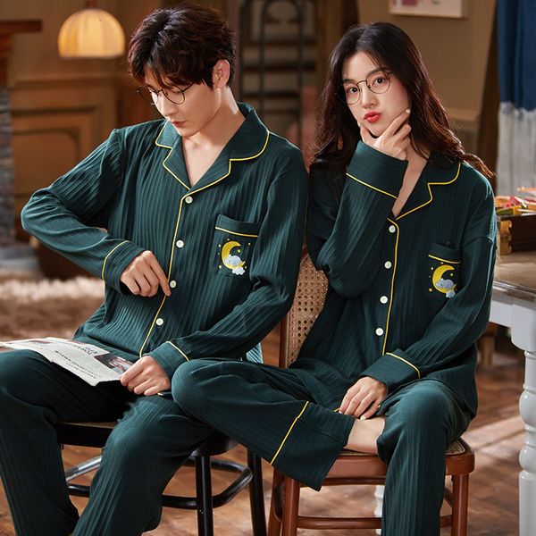 

men's sleepwear winter couple pajamas set green turn-dorllar cardigan pajamas cute sleep pattern nightwear casual loose cotton sleepwea, Black;brown