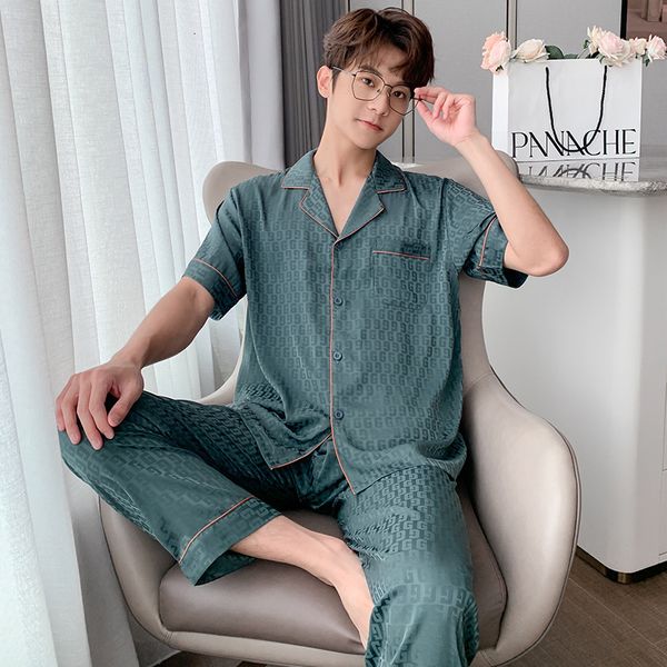 

men's sleepwear lisacmvpnel men's summer ice silk short sleeve suit pajamas high sense thin style large size home suit pyjamas 230, Black;brown