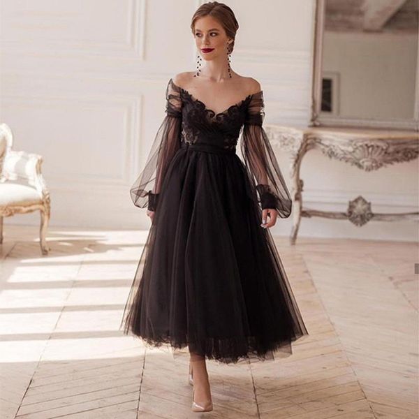 

black long puff sleeves prom dresses illusion o-neck lace homecoming gowns tea-length tulle evening party dress bow