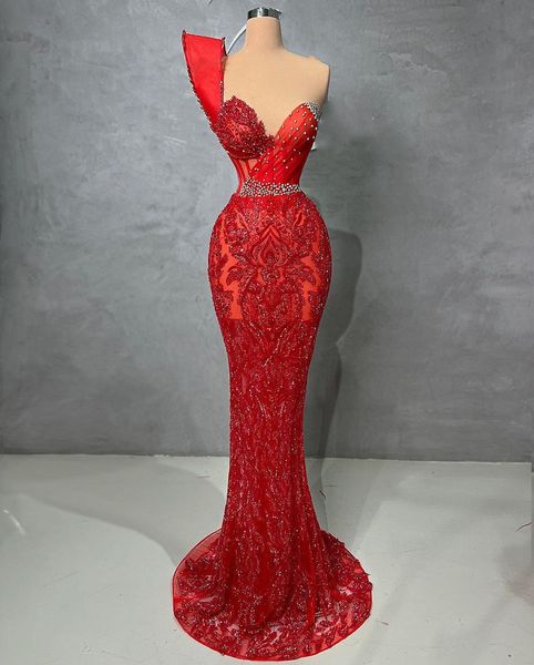 

red mermaid evening dresses sleeveless v neck one shoulder beaded appliques pearls diamonds sequins 3d lace floor length prom dresses plus s, Black;red