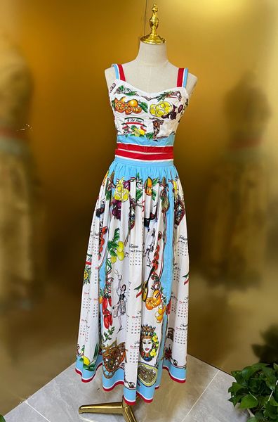 

2023 women's two piece dress colorful fruit and calendar printed slip dress, White
