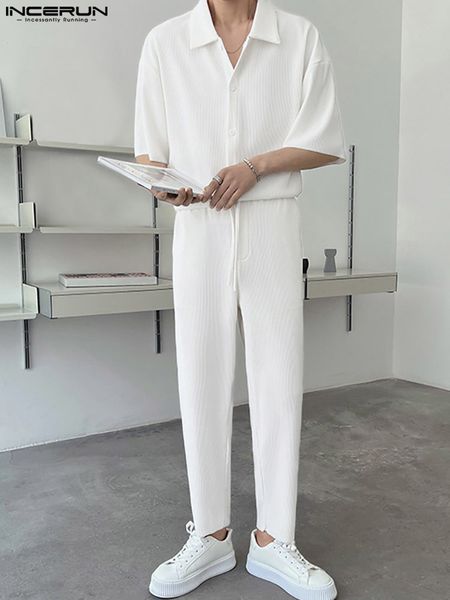 

men's tracksuits incerun 2023 sets solid color loose streetwear lapel short sleeve shirt pants 2pcs stylish korean casual suits s-5xl 2, Gray