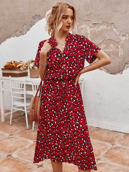 

casual dresses summer ladies dress leopard print shirt polka dot dress bohemian mid length high waist beachwear holiday autumn new style g23, Black;gray