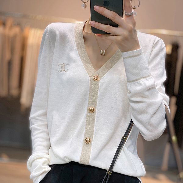 

women's knits tees spring and summer vneck worsted wool knitted cardigan thin loose short ever thing matching color 230311, White