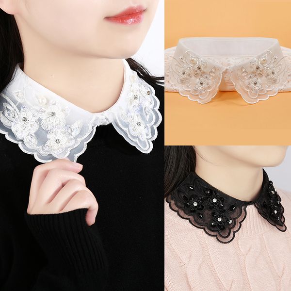 

ties women fake collar stand beads detachable vintage crystal lace ladies false blouse half shirt white black 230311, Red;brown