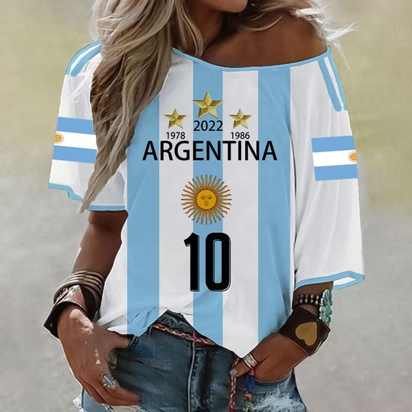 

women's tshirt 2023 summer argentina 3 stars flag painting t loose brazil abstract 3d print off shoulder 230311, White
