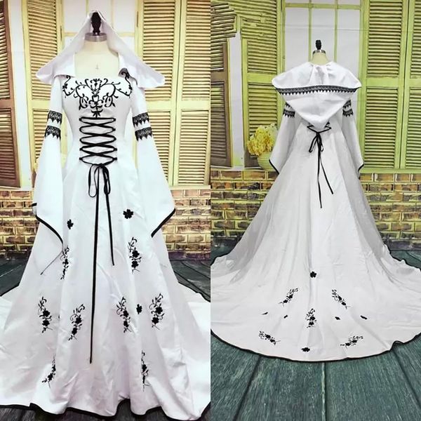 

white wedding dresses ivory bridal gowns a line cloak bateau long sleeve sweep train satin black embroidery lace up new custom plus size wed